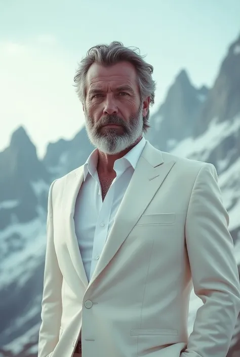 bearded man ,Put on a white suit , standing in the wind,High mountains ,