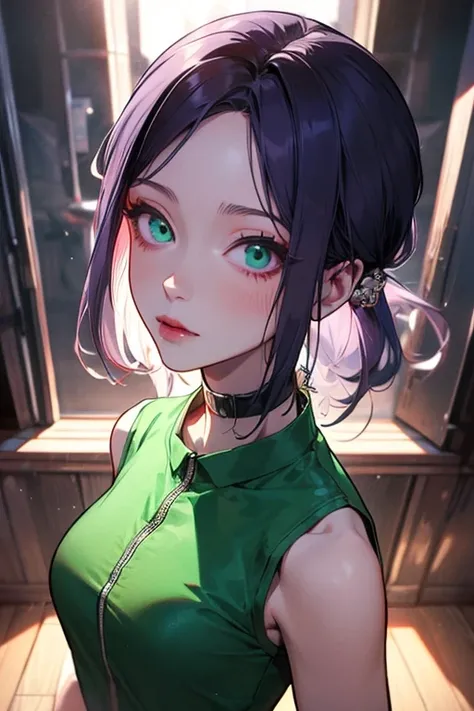 (Best Quality)、(Best Quality)、cut、  Chainsaw Man、cute、(  choker). Emerald Eyes 、Her hair is purple  、  short bob、beautiful　whole body、   Details、強力な   Details、cut、(((  shorts)).