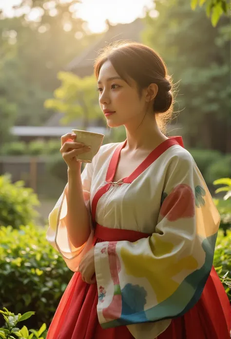 Soft morning light wraps around an Asian woman standing amidst lush greenery and serene tea garden scenery. She contemplates the distance with a delicate tea cup cradled in her slender fingers, her gentle features softly lit. Vibrant colors of the traditio...