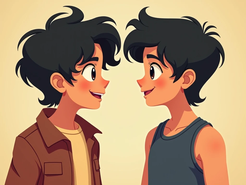 two young people talking while looking at each other but walking both are aged 18-19,  with black hair ,  the first boy wears slightly wavy hair , He has a circle ,  his cut is in the wavy mullet style and his clothing style is y2k ,  the second boy who is...