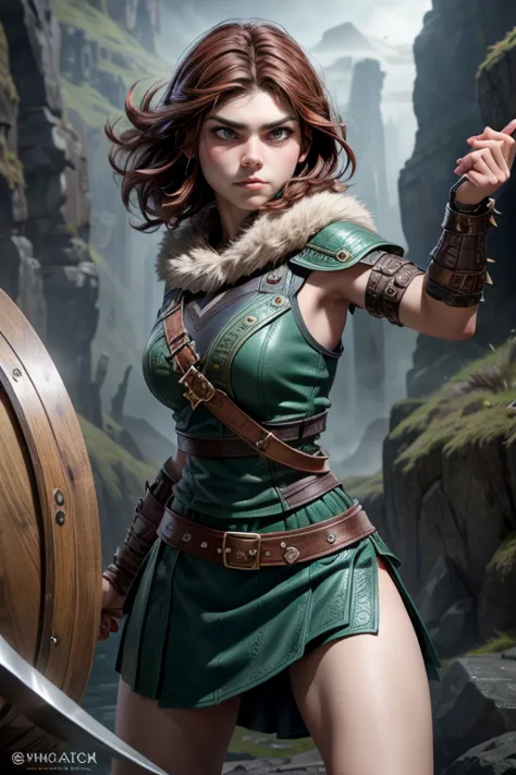 young viking woman , warrior, short brown hair, thick eyebrows,  green eyes, leather armor,  strappy leather top , fur skirt, fi...