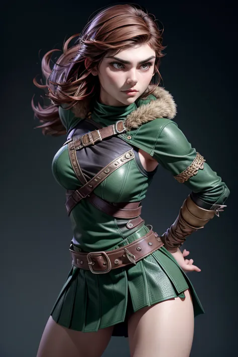 young viking woman , warrior, short brown hair, thick eyebrows,  green eyes, leather armor,  strappy leather top , fur skirt, fi...