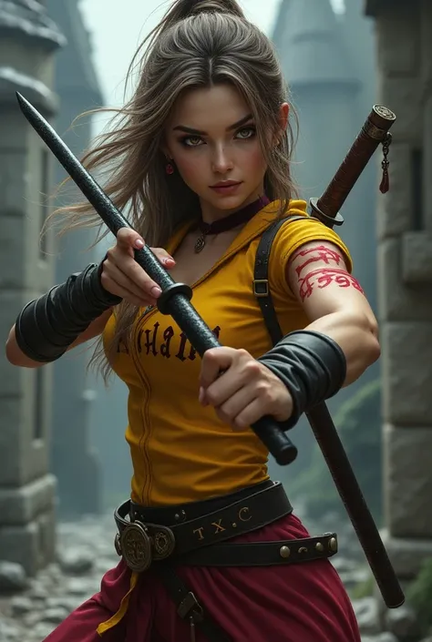 Ninja woman with fair skin, brown eyes and long, matted light brown hair carries two katanas on her back and her name can be seen on her costume "Lady Bell "   she holds a magic black rod in her hands and points at you to cast a spell she wears a tight che...