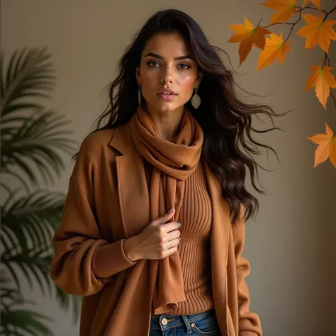 Beautiful latina model posing in fall aesthetic clothing, include a tan long cardigan and accessories
