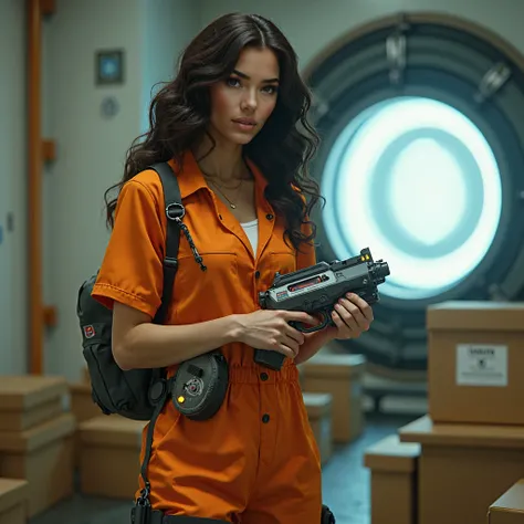 Brunette softly curly cosplayer disguised as Chell from Valves Portal. Full orange jumpsuit resembling the inmates ones, device resmbling a laser gun at hands, trapped into futuristic facilities, an energy whirlpool shaped portal at wall, the laser-gun is ...