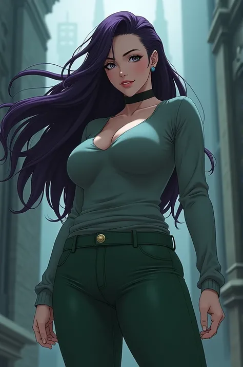 Thick girl with dark purple hair wearing a grayish green shirt and tight grayish green pants from jujutsu kaisen