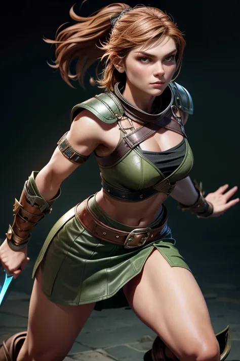  Young Viking woman , warrior, short brown hair, thick eyebrows,  green eyes, leather armor,  strappy leather top , fur skirt, fierce expression, heroic stance,  looking at the camera , fierce expression, Combat stance,  masterpiece , super detail,  lyrics...