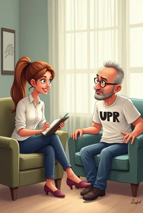 Caricature. 
The scene of going to a psychologists office . 
Un patient un peu idiot avec un t-shirt UPR est allongé sur un sofa. 
La jolie psychologue porte une blouse blanche et lécoute en prenant des notes avec un stylo sur un calepin.
Elle est assise d...