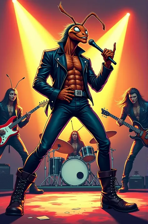 Comic drawing
Male ant solo singer
5-piece rock band
Guitars and bass drums 