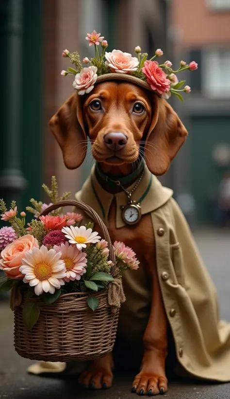 Beautiful Vizsla as a flower girl in Peaky Blinders style as a hippie 