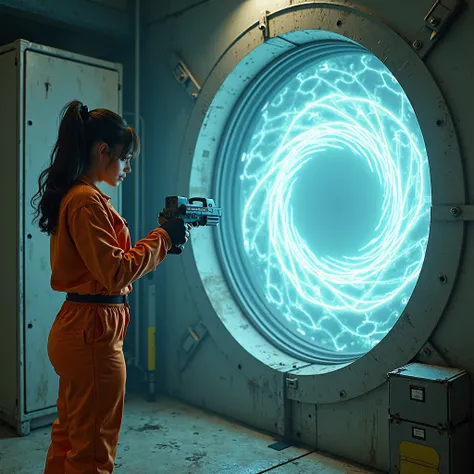 Brunette softly curly cosplayer disguised as Chell from Valves Portal. Full orange jumpsuit resembling the inmates ones, device resmbling a laser gun at hands, trapped into futuristic facilities, an energy whirlpool shaped portal at wall, the laser-gun is ...