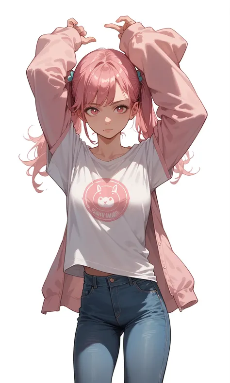 1 girl, solo,foot out of frame, pink hair, pink long sleeve t-shirt,jeans,Medium breast