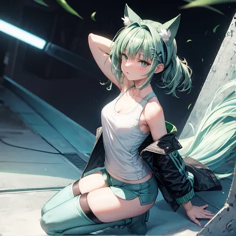   tank top  　 cat ears headband　green flight jacket  　 (((Light blue hair)))　 shortcuts 　  hotpants　 red eyes　 thigh-high boots　 muffler 