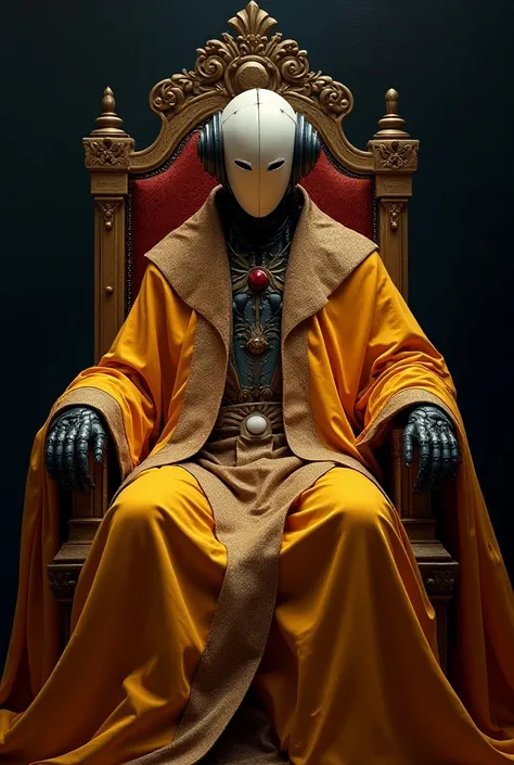 An oil painting of a luxurious elegant intimidating Saturn king without face as a robot with a crown of rings displaying an exotic starry golden orange cotton silken starry red brown full robe made of exotic materials, sitting on a throne, starry black bac...