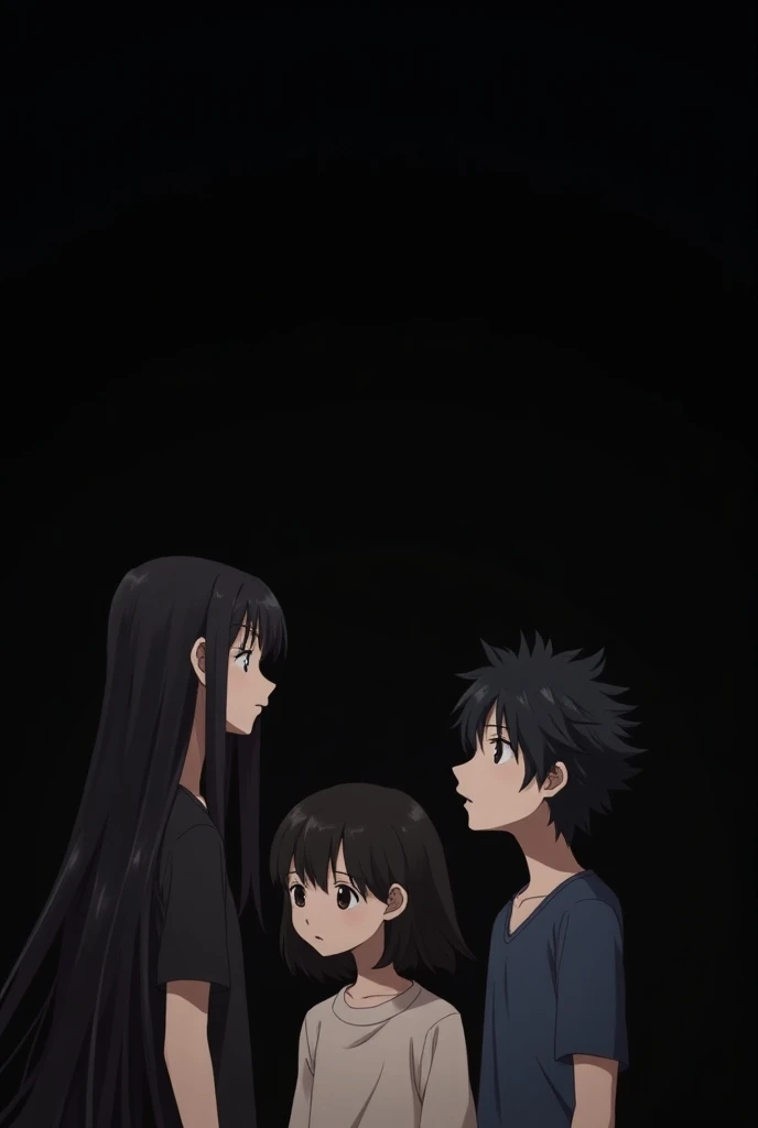  a girl with long black hair , a girl with short black hair and a boy with frizzy hair, black background  , animated 