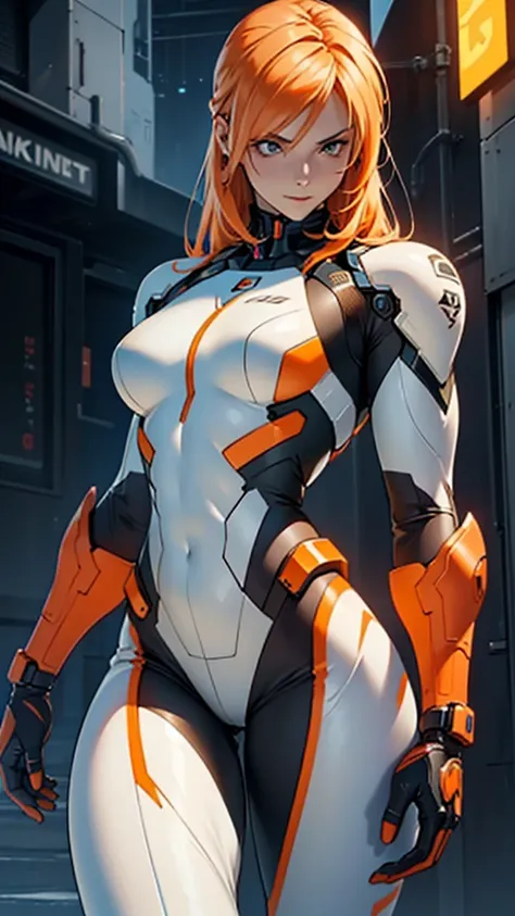 Beautiful cybernetic girl detailed muscles realistic masterpieces full figure pose (best quality,ultra-detailed), lite pale orange hair, fair skin, fit body, slim figure, narrow waist, large buttocks, (cocky expression), wearing a full carbon fiber cyberne...