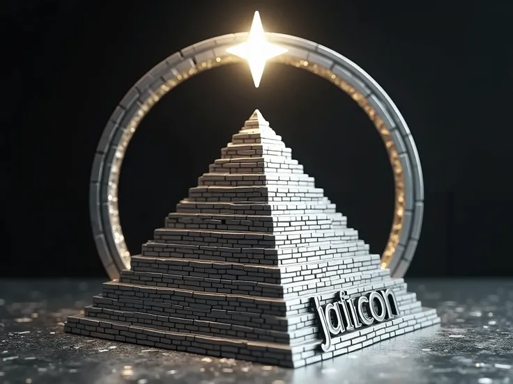  pyramid of steel bricks inside a circle of steel ,  at the tip of the pyramid a shining star and next to the pyramid the name “Jaicon¨ in metallic tone, all made in 3D   