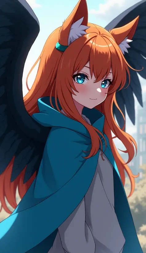 A girl with orange hair, She has silver eyes, long hair ,  She has wings with black feathers. (only one girl) Wearing a cape sky blue ,  masterpiece ,  Best quality, anime artwork,  anime style, Key Visual, vibrant, studio anime,  highly detailed ,  Orejas...