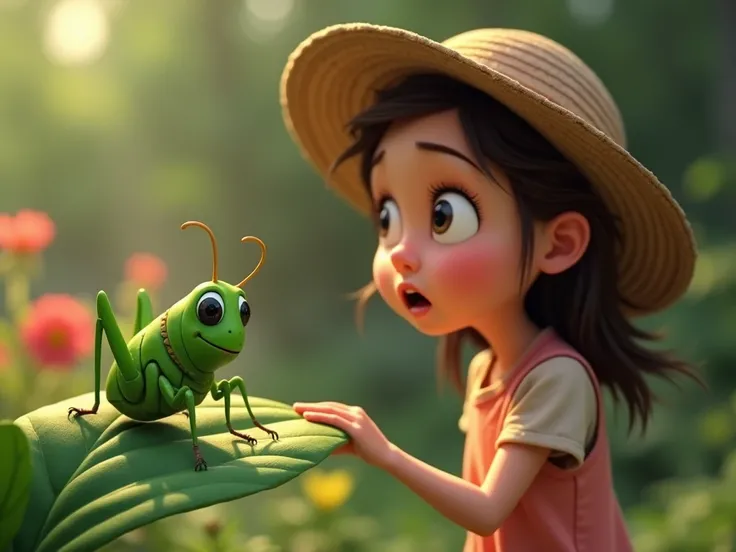  Lia looks surprised at a small green cricket sitting on a leaf next to her. The cricket ,  called Guto ,  is friendly and seems to be talking to her .  Lia has an expression of amazement and curiosity ,  leaning to hear .  The garden in the background is ...