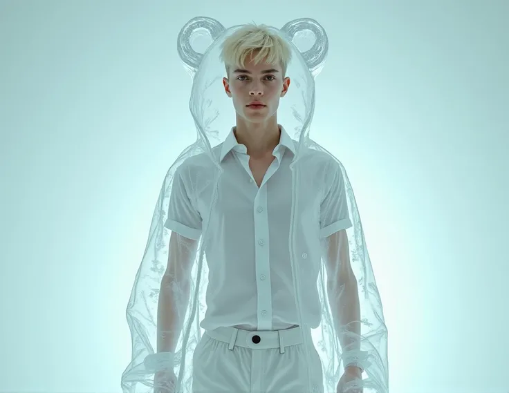 "Ultra-realistic fullbody portrait of a young man with platinum blonde hair, encapsulated inside a transparent, crystal-like suit shaped like a teddy bear. The suit, made of glossy, glass-like material, completely surrounds him, creating a surreal and ethe...