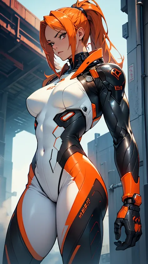 Beautiful cybernetic girl detailed muscles realistic masterpieces full figure pose (best quality,ultra-detailed), lite pale orange hair, fair skin, fit body, slim figure, narrow waist, large buttocks, (cocky expression), wearing a full carbon fiber cyberne...