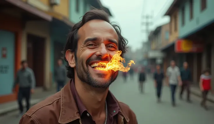 there is a man smiling with a fire in his mouth on the street, a photo by John La Gatta, flickr, photorealism, joel meyerowitz, 7 0 s street photography, neil leifer, magnum photos, joseph todorovitch, joel sternfeld, sergey zabelin, bruce davidson photogr...