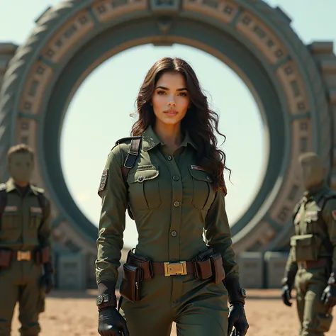 Brunette softly curly cosplayer disguised as militia girl, practical but beautyfull uniform, a stargate resembling the Stargate SG-1 one at the background, she stargate is a solid ring made of iron and stone with ancient symbols and a whirlpool of energy i...