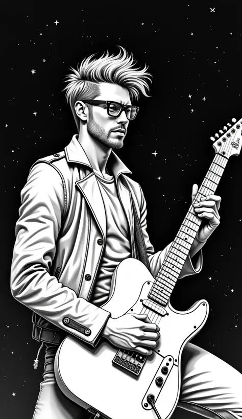 The image is a black and white line drawing showing a handsome rocker, trendy haircut, beard, glasses, black leather outfit, playing electric guitar, sitting very sad in a dark three-dimensional space full of stars, full body. Surprisingly, the artwork foc...