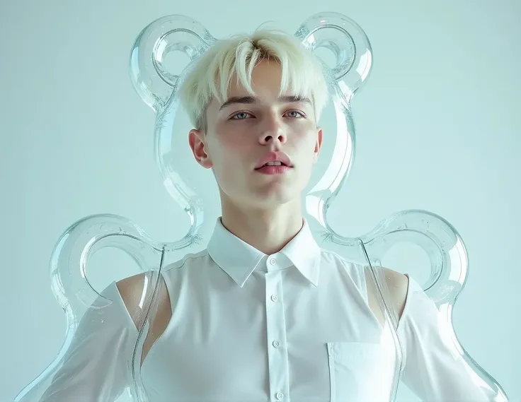 "Ultra-realistic fullbody portrait of a young man with platinum blonde hair, encapsulated inside a transparent, crystal-like suit shaped like a teddy bear. The suit, made of glossy, glass-like material, completely surrounds him, creating a surreal and ethe...