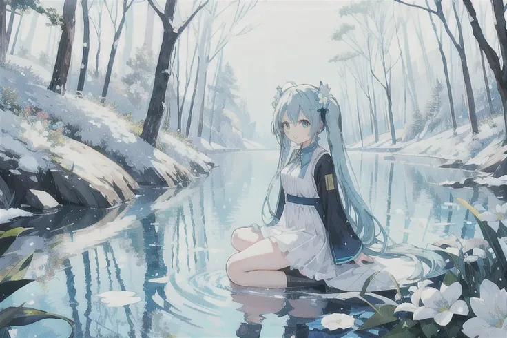 · Hatsune Miku · Light Blue Long Tail · Light Blue Long Sleeve Dress · Light Blue Flower Bouquet · Winter in the Forest · On the Lake · Top Quality