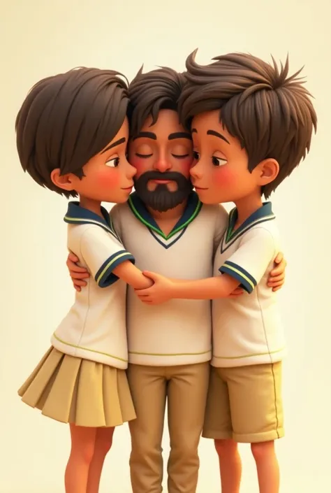   boy and girl wearing school uniform ,  girl in beige skirt with jackets , boy in beige pants ,  both wearing white shirt sports collar , short sleeve,  with thin yellow lines ,  green and navy blue on the sleeve and collar ;  Jesus in the middle of the t...