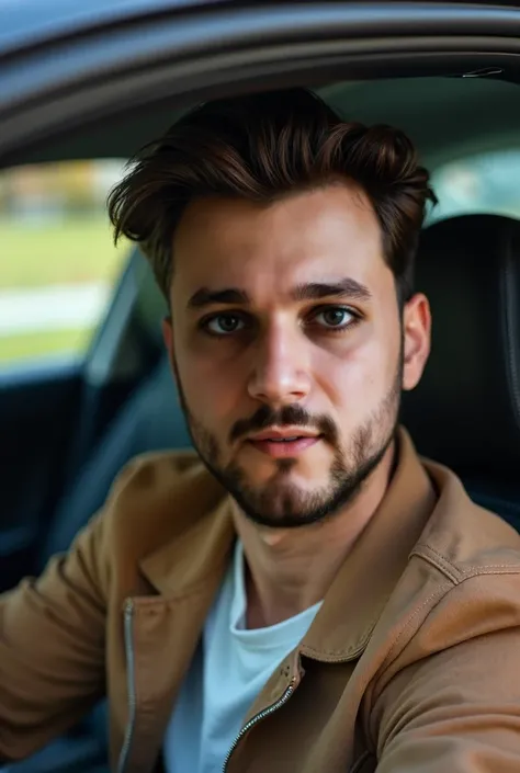  Capture a sharp, professional image of a young man seated inside a car, exuding confidence and approachability. His facial features should be highlighted with precision: he has a well-groomed beard that accentuates his strong jawline, and his expressive e...