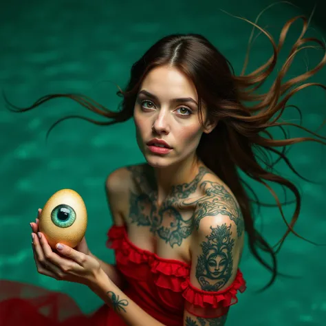  A surreal portrait of a woman with an intense look ,  immersed in emerald green water .  Her red dress merges with the blue and golden shadows that surround her,  and her hair floats as if following a musical rhythm .  An egg suspended next to her contain...