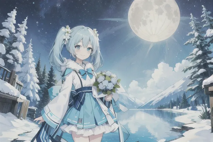 · Hatsune Miku · Light Blue Long Tail · Smiling · Light Blue Long Sleeve Dress · Light Blue Flower Bouquet · Winter in the Forest · On the Lake · Deep Night · Full Moon · Top Quality