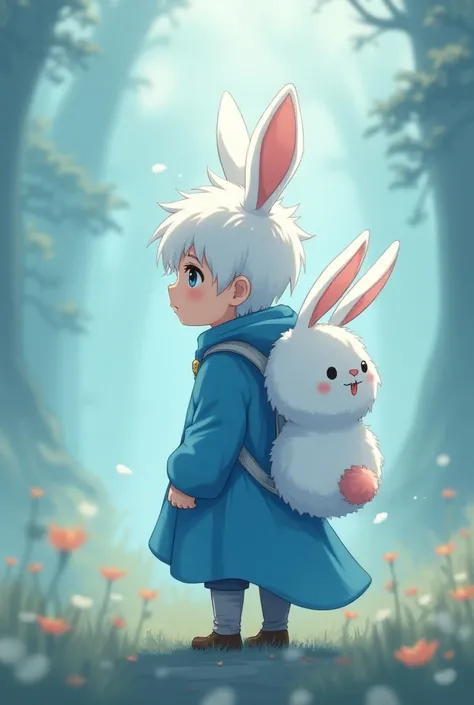 Boy with blue rabbit skin with bunny backpack and white hair Anime 