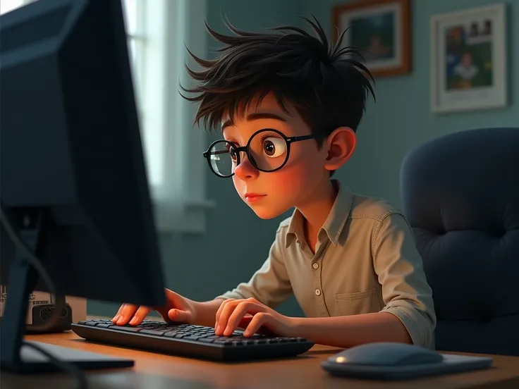  Image to put in Linkelind  , a boy with  , glasses, frizzy and skinny hair sitting in front of his computer, with blouse