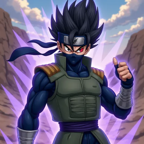  Create a realistic image of a fusion between Vegeta and Kakashi ,  with detailed details and striking textures .  The character has spiky hair ,  black with some gray threads ,  recalling Vegetas style ,  but with a lightness similar to that of Kakashi . ...