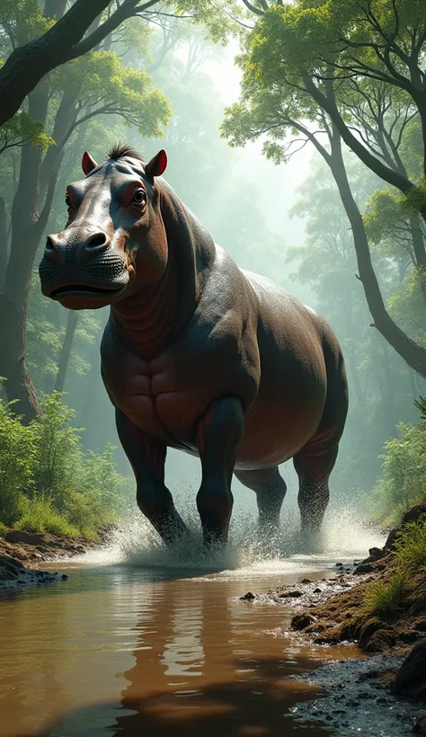 A hippo with the long, powerful legs of a horse, massive body yet agile, in a muddy riverbed with jungle trees around --v 5 --ar 