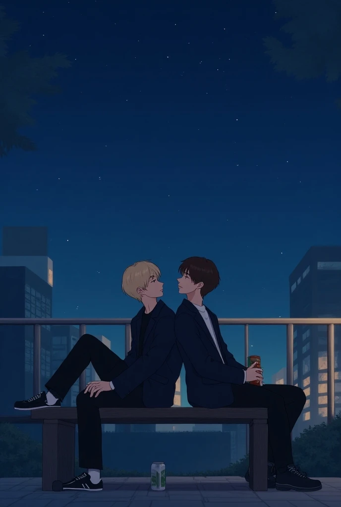 Crie uma imagem do JUNGKOOK e do JIMIN do BTS!  Make Jimin blond and Jungkook brown .  they are sitting on a bench at night talking over a can of drink ,  Jimin is leaning against the bench looking at Jungkook with admiration and Jungkook is distracted loo...