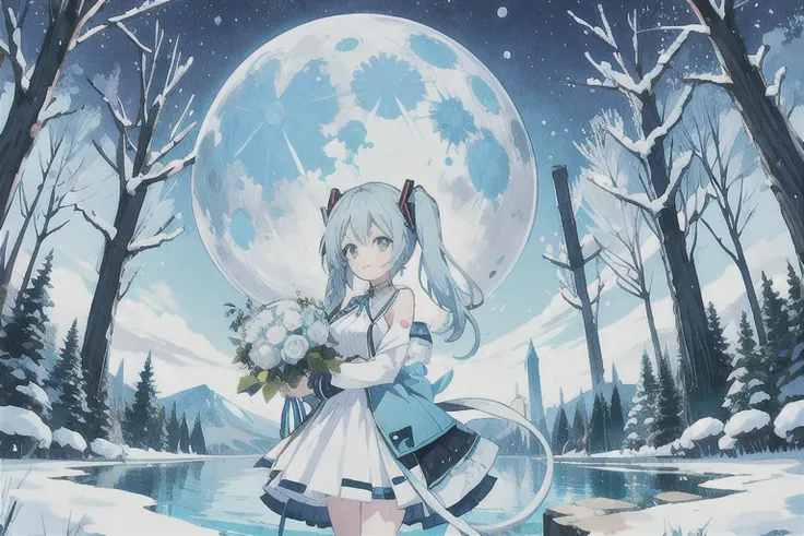 · Hatsune Miku · Light Blue Long Tail · Smiling · Light Blue Long Sleeve Dress · Light Blue Flower Bouquet · Winter in the Forest · On the Lake · Deep Night · Full Moon · Top Quality