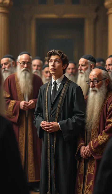 a  Jewish teenager teaching elderly Moses teachers of the law, dressed in ornate and richly detailed traditional robes, their faces full of amazement and curiosity as they listen intently to the young man. wide scene taking in all those mentioned in the im...