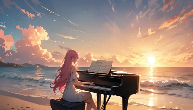 Best Quality,Woman playing piano,Pink hair long hair,The sun rises,sea,