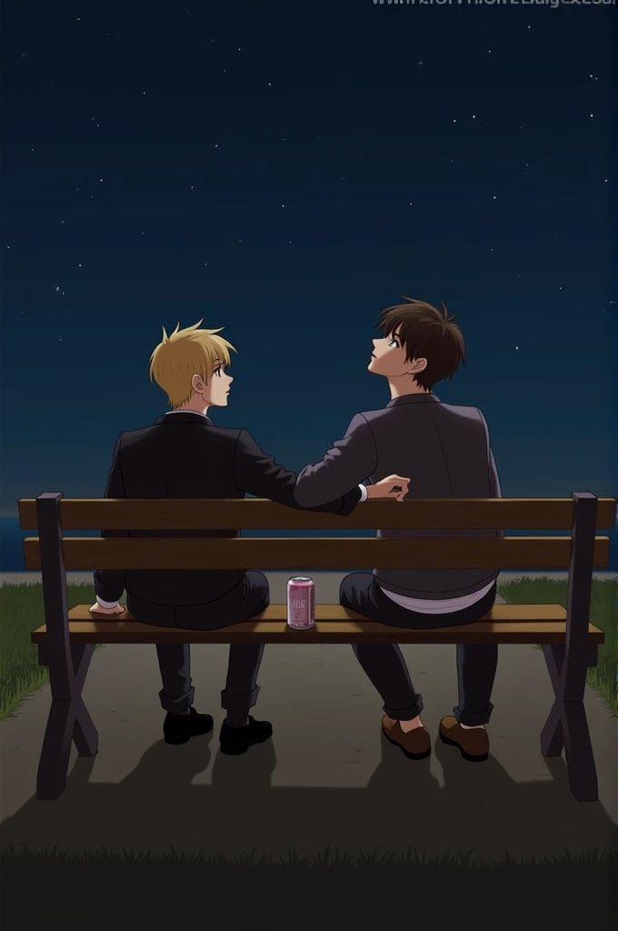 Crie uma imagem do JUNGKOOK e do JIMIN do BTS!  Make Jimin blond and Jungkook brown .  they are sitting on a bench at night talking over a can of drink ,  Jimin is leaning against the bench looking at Jungkook with admiration and Jungkook is distracted loo...