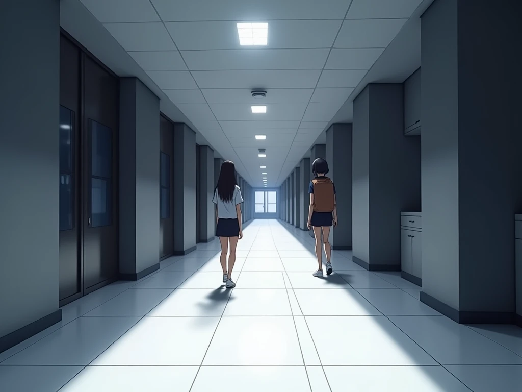 corridor of a luxurious university ,  that the lights are not very bright ,  that there are university students walking around  ,  that the floor is made of bright white grid slabs,  the walls are dark gray ,  that is similar to Korean universities  ,  tha...