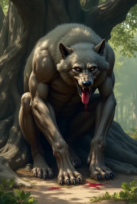 Red werewolf sitting under a tree panting with an exhausted expression, digigrade legs, tongue out, sweating, bleeding