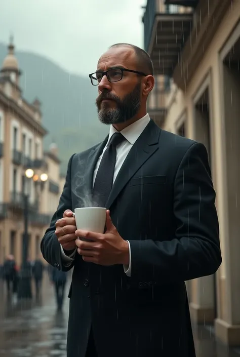 A lawyer drinking coffee in the city of Arequipa on a rainy day