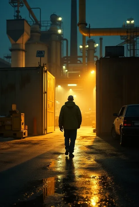  A semi-bald person walking towards the entrance of a company . Behind the gate ,  you can see an illuminated cornmeal processing factory ,  on a night shift ,  with bright lights that highlight the industrial environment .  The area outside the gate is fu...