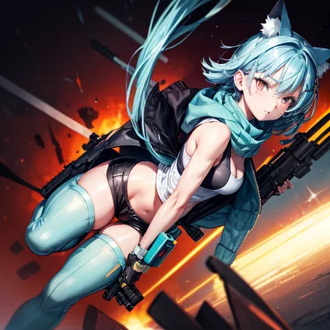 tank top   　  cat ears　 cat's tail　 flight jacket 　 ((( light blue hair)))　  short hair  　   hotpants　 red eyes　  thigh boots 　w...