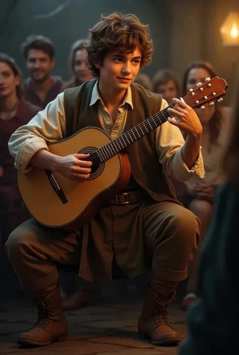 A brown-haired young bard with worn clothes