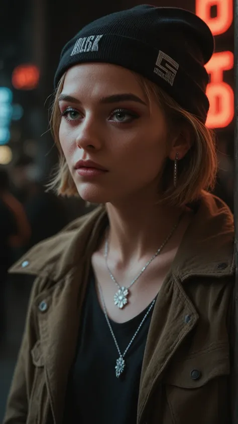 Face close up, kaukasian girl,  jacket, necklace, neon light reflections on skin, ear ring, makeup, skin imperfection, short hair, beanie, no background, low light, depth of field, highly detailed, high contrast, film grain, Rim Lighting, Long Exposure, DS...